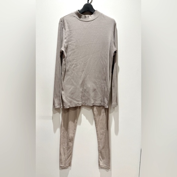 Muji Popular Line Jersey Rib Leggings & Mock Neck Top Set Soft Cozy Taupe Sz L - Picture 1 of 13